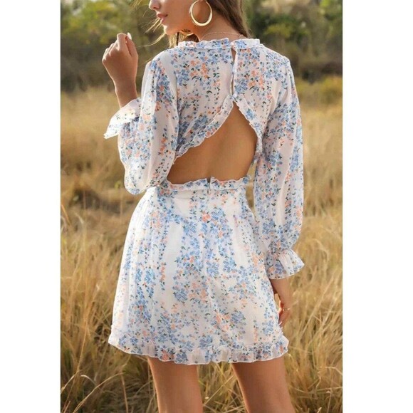 Summer Dress Size Large Boho Deep V Back Chicwish Floral Open Back Ruffle - Picture 9 of 14
